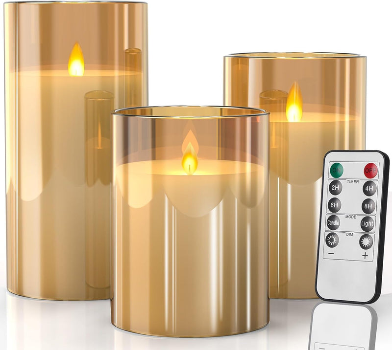 ZODZE Glass Flameless Candles Battery Operated with Remote Control, Set of 3 Flickering LED Pillar Candles, Pure White Wax D 3" H 4" 5" 6" Gold (Amber)