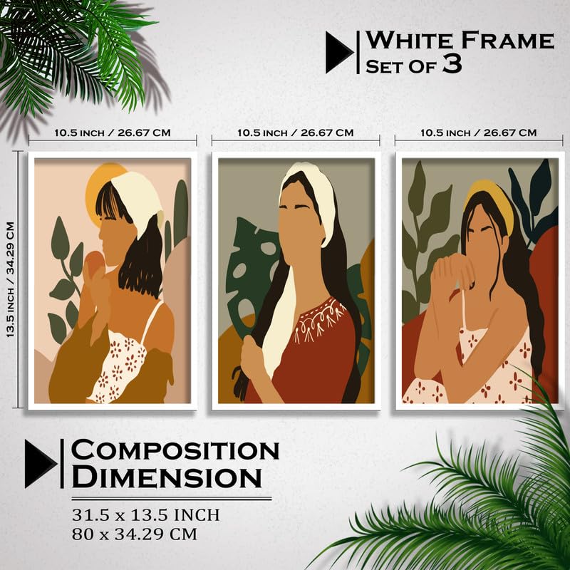 SAF paintings Set of 3 Abstract ladies Boho modern art design Premium white Framed Bohemian wall painting for for Wall, Home and Living Room Decoration 80 cms x 34.29 cms COMBO-2086-K3