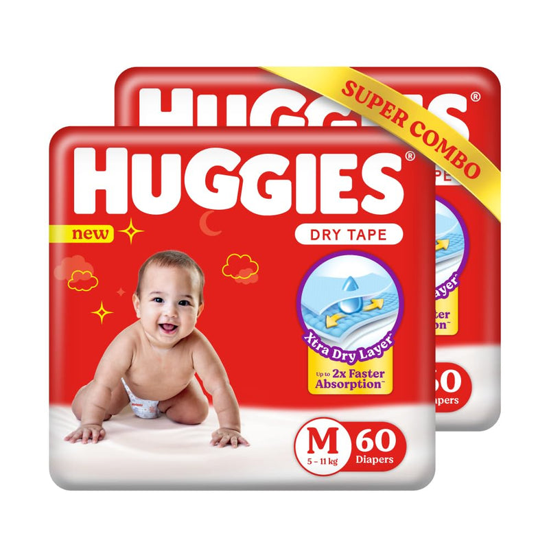 Huggies Complete Comfort Dry Tape Medium (M) Size Baby Tape Diapers, Combo Pack of 2, 60 count per pack, 120 count, with 5 in 1 Comfort