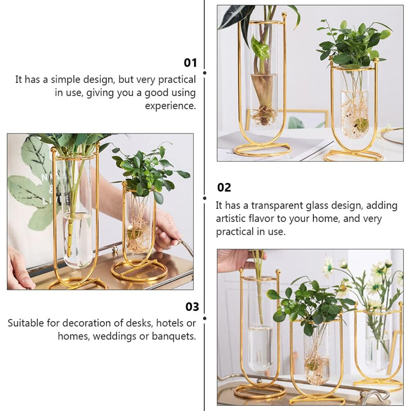 THE UNIQUE DESIGNS™ Desktop Glass Planter Hydroponics Vase Glass Propagation Station with Modern Creative Geometric Metal Frame Test Tube Vase for Home Office Decor Table Top (Set of 2)