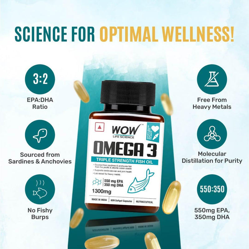 WOW Omega-3 Fish Oil 1000 mg Triple Strength 550mg EPA 350mg DHA, Burpless, Mercury free, Ideal for Keto Diet