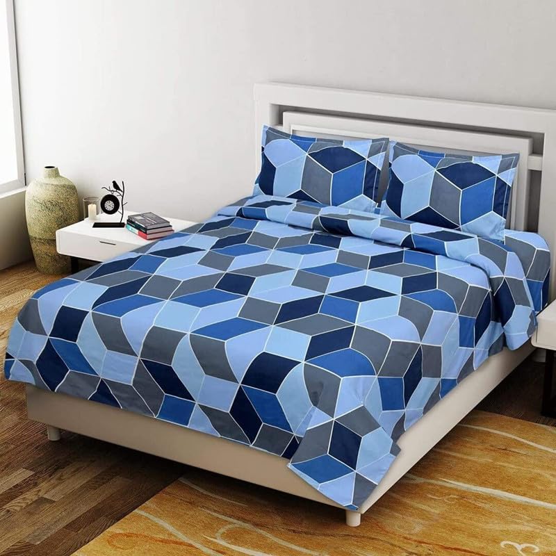 SHIVI CREATION Prime Collection 160 TC Glace Cotton Supersoft Double Bedsheet with 2 Pillow Covers (Multicolour, Size 90 x 90 Inch) - Blue Grey Zigzag - Gold - M