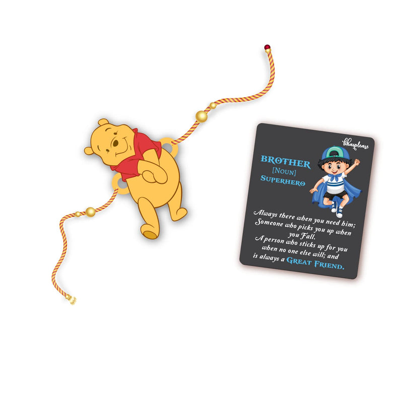 Bhai Please Winnie Pooh Rakhi with Brother is Superhero Fridge Magnet (Gift Combo for Bhai/Bhaiya) | Set of 1 pc Rakhi with Roli- Chawal and Fridge Magnet | With Raksha Bandhan Greetings