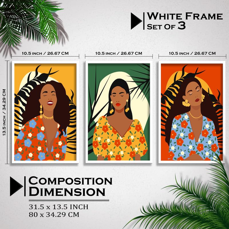 SAF paintings Set of 3 Abstract ladies Boho modern art design Premium white Framed Bohemian wall painting for for Wall, Home and Living Room Decoration 80 cms x 34.29 cms COMBO-2052-K3