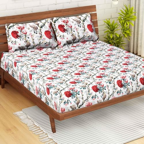 TIQH 100% Cotton Soft Touch Hypo-Allergenic Jaipuri Printed Artisan Block Design Bedsheet with 2 Pillow Covers (King Size (70"x100"))