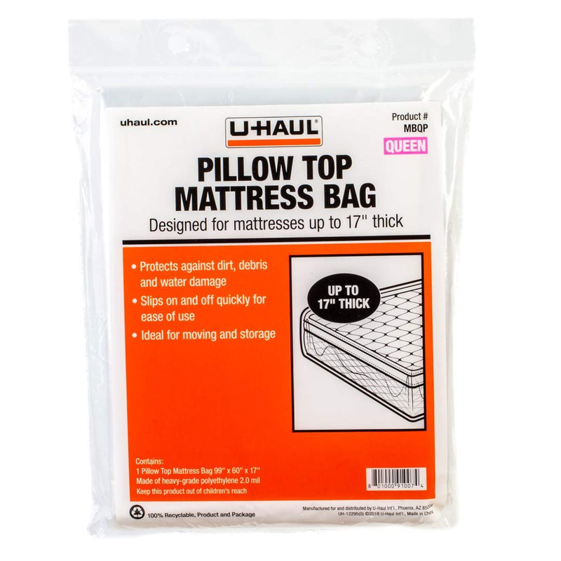 U-Haul Queen Pillow Top Mattress Bag - Moving and Storage Protection for Mattress or Box Spring (Fits Mattresses up to 17" Thick) - 60" x 99" x 17"