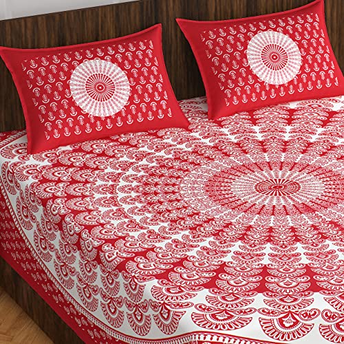 BedZone 100% Cotton Rajasthani Jaipuri Traditional Floral King Size Double Bedsheet with 2 Pillow Covers - Red Fashion Bedsheets