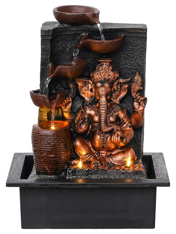 Chronikle Brown & Golden Idle Ganesha Table Top Indoor Water Fountain with 4 Steps Waterfall, LED Lights & Water Flow Controller Pump ( Size: 39 x 29.5 x 22 cm | Colour: Brown & Golden )