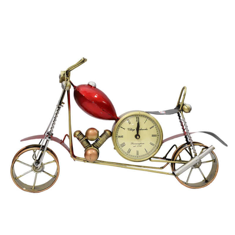 RAJASTHAN HANDICRAFT CREATIONS Handmade Metal Bike Analog Round Table Clock, 18 x 5.5 x 12 inches, Red and Golden