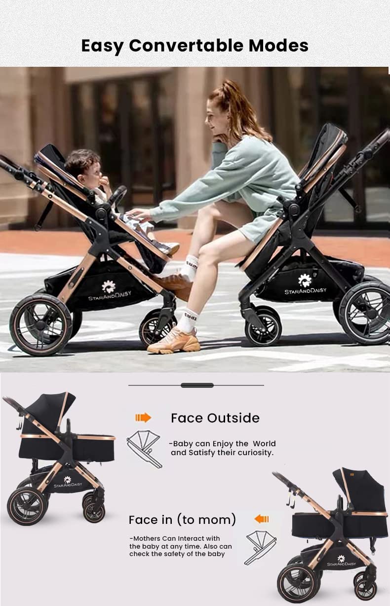 StarAndDaisy Baby Strollers / Pram for 0 to 5 Years Girl & Boy with Foldable Design, Luxury Look, Shock Absorber Large Wheel, Easy to Convertible Seat and Sleep Mode Reversible Bassinet, 5 Point Safety Belt, Washable Fabric - (Black with Golden Tubes)