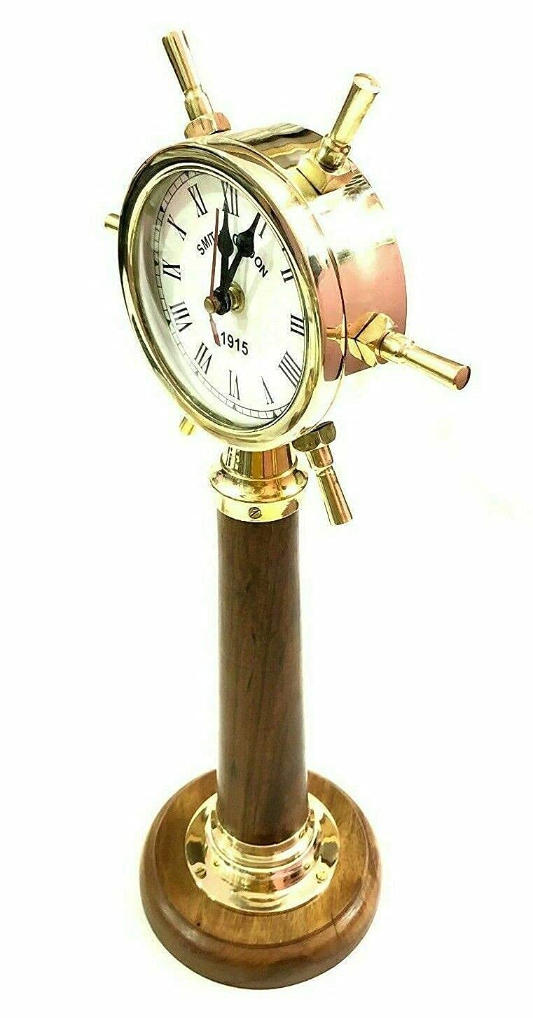 NAUTICAL COLLECTION Brass Ship Handel Table Desk Clock Roman Number Wood Stand - Hight (12 inch)