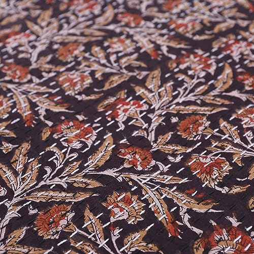 Ravaiyaa - Attitude is everything Traditional Hand Block Print Kantha Quilt Beautiful Floral Decor Cotton Gudari (90"x108" Inch) (Black & Brown)