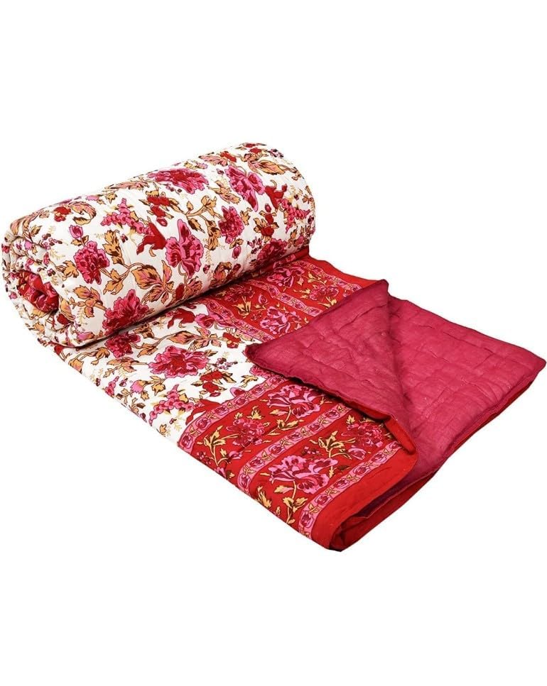 PINAARAS Interior Cotton Jaipuri Razai Single Bed Rajasthani Sanganeri Floral Print Quilt Blanket - Pink (Size - 55X85 Inches)