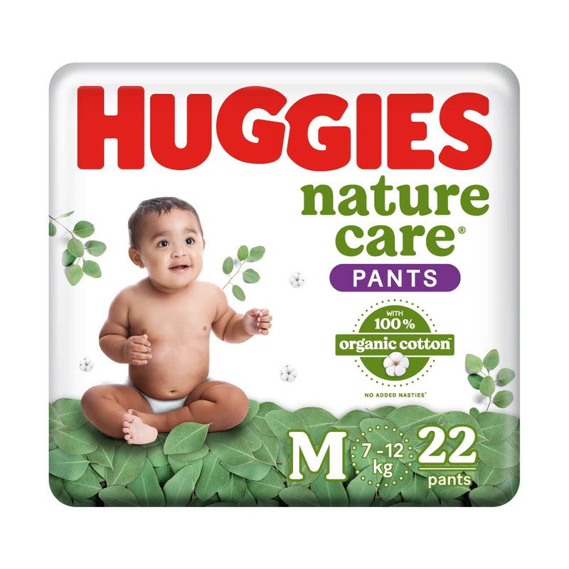 Huggies Nature Care Pants, Medium Size (7-12 Kg) Premium Baby Diaper Pants, 22 Count, Made with 100% Organic Cotton