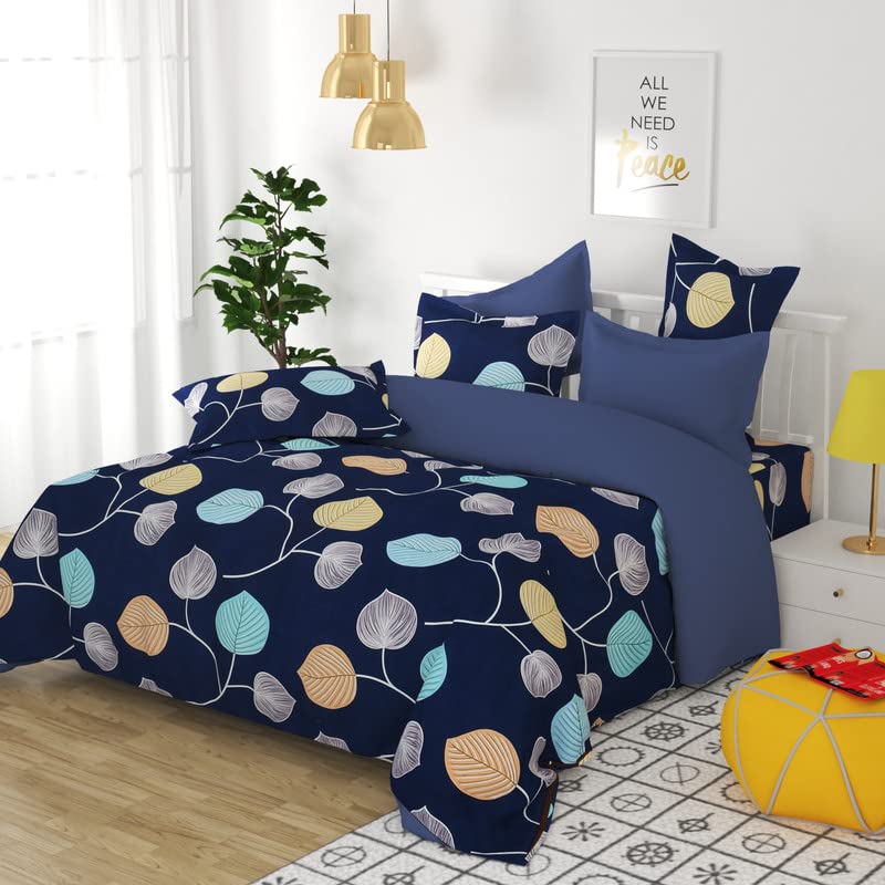 BSB HOME® 100% Cotton 160 TC Small Leaf Printed Double Bedsheets with 2 King Size Pillow Cover, (90X90 Inches, 7 x 7.5 Feet, Blue - Prime Collections