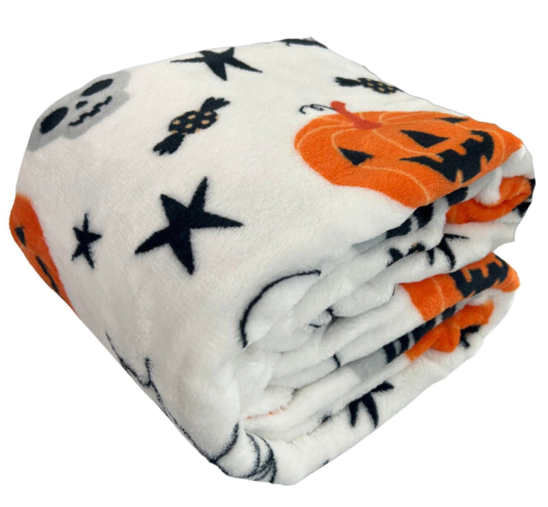 Serafina Home Halloween Blanket Throw: Fuzzy Boo! Jack O'Lantern Spider Webs Skull and Black Cats Print on Velvet Fleece for Sofa Bed Couch Chair Dorm