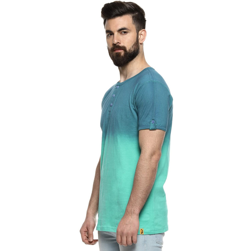 Campus Sutra Men's Blue and Mint Ombre Henley Neck Short Sleeve Regular Fit T-Shirt for Regular Wear | T-Shirt Crafted with Comfort Fit and High-Performance for Everyday Casual Wear