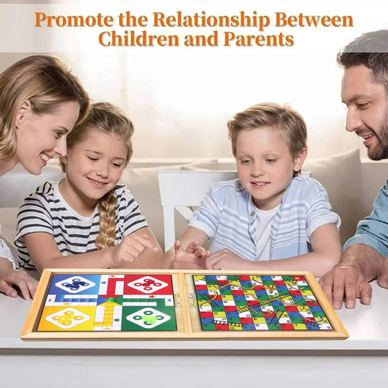 Homecute Wooden Fastest Finger Board Game with Ludo and Snake and Ladder 3 in 1, Indoor Games for Kids, Fast Sling Puck Board Game for Adult Parent Kids Children Family.