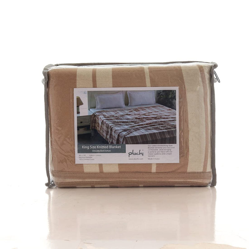 Pluchi Wide Stripe Cotton Knitted Double Bed AC Blankets/Dohar in Natural & Linen Color (229cm x 254cm)