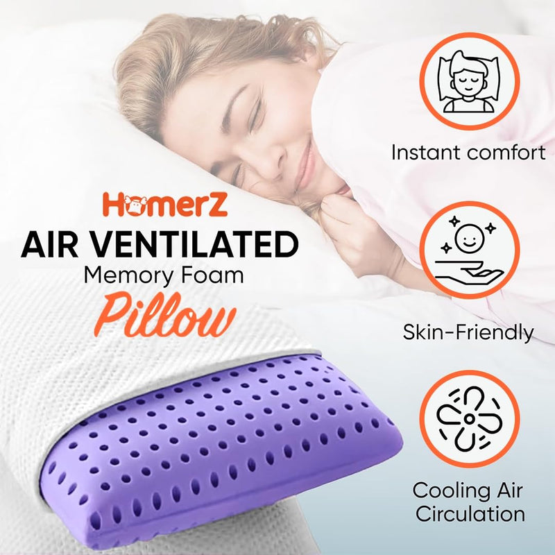 Homerz Premium Pack of 2 Lavender Infused Microchannel Ventilated Memory Foam Cooling Pillow with Neck, Shoulder and Back Support - Relaxing for Side, Back, Stomach Sleepers (Lavender, Pack of 2)