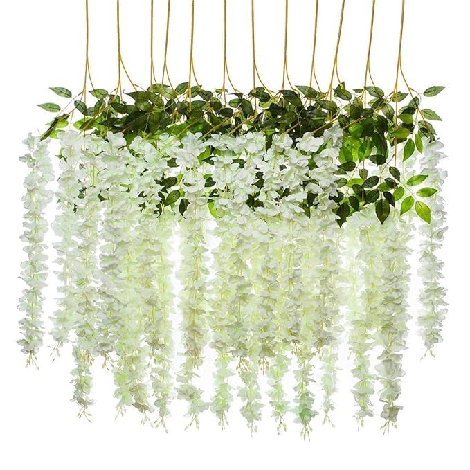 Artright Artificial Wisteria Flowers Vine Garland 12 Pack Fake Wisteria Vine Garland Hanging Flowers for Wedding Silk Long Bush Flowers String Home Party Decoration, Blue (White)