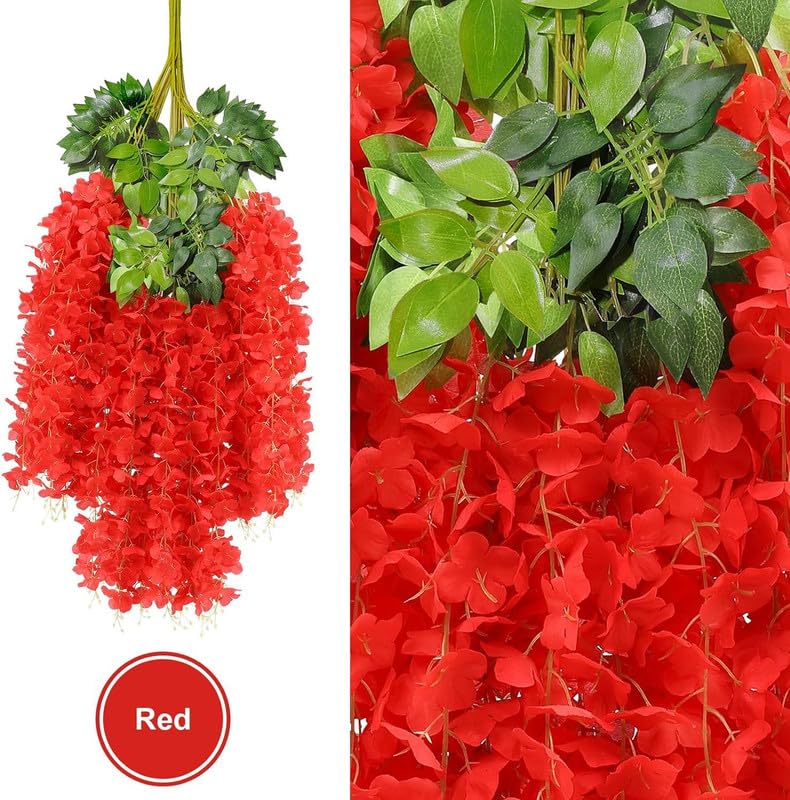 Daissy Raise Pack of 12 Wisteria Artificial Flowers Garland Red Long Hanging Silk Bush Flowers String for Wall, Wedding, Garden, Diwali, Pooja Decorations etc.