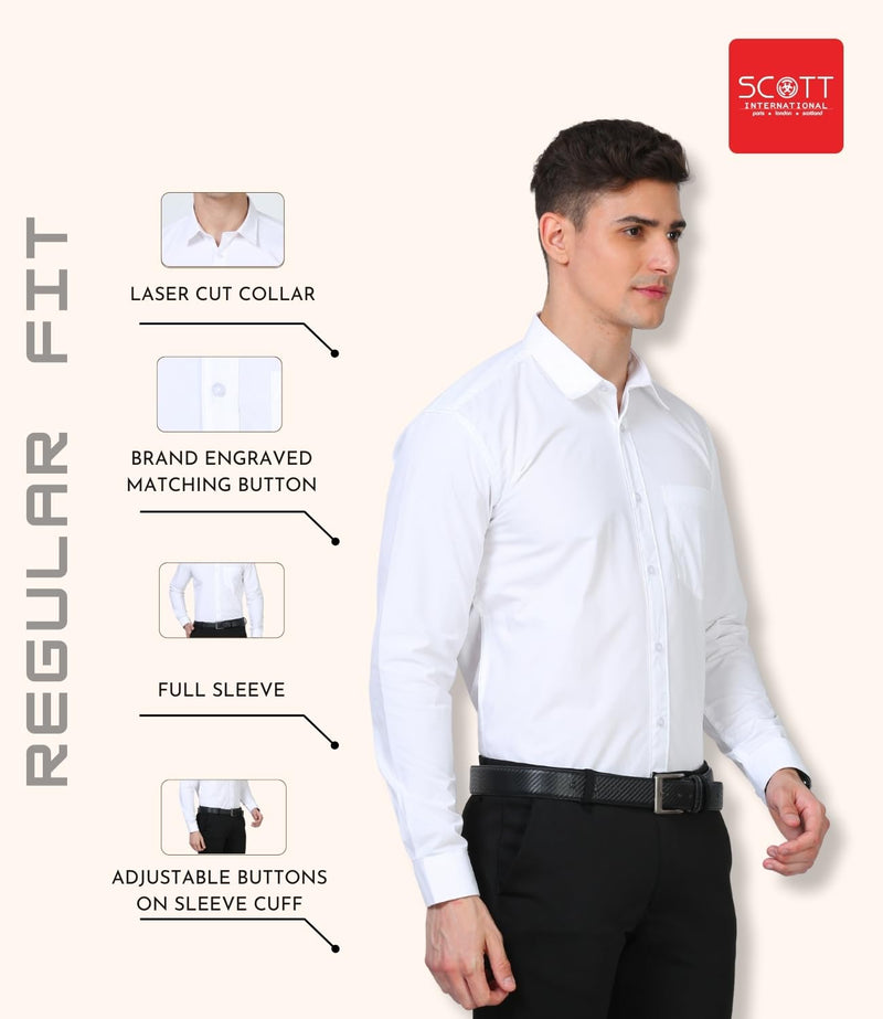 Scott International Shirt for Men, Solid Full Sleeves Shirt, Wrinkle Free Mens Shirts, Cotton Formal Shirts, Regular Fit Stylish Mens Shirt, Plain Formal Shirts for Men White