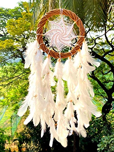 rooh Dream Catcher~White Magic Wreath With Pretty Lights~Handmade Hangings For Positivity(Can Be Used As Home Decor,Gift,Wall Hangings,Meditation Room,Yoga Temple,Wind Chime&Feather Car Hanging)