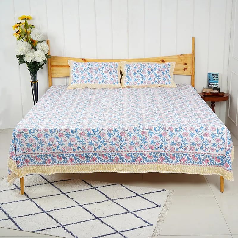 The Jaipur Wala Premium Hand Block Printed Pure Cotton Bedsheet, King Size (FLORISH)