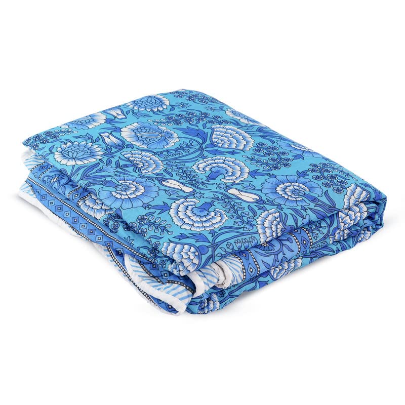 Inizio 100% Cotton Reversible Warm AC Dohar Double Bed Size | Jaipuri Printed Artisan Block Design Bed Blanket | Soft Quilt | Lightweight Summer/Winter - Blue