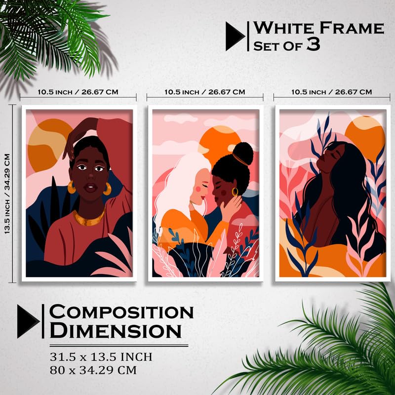 SAF paintings Set of 3 Abstract ladies Boho modern art design Premium white Framed Bohemian wall painting for for Wall, Home and Living Room Decoration 80 cms x 34.29 cms COMBO-2063-K3