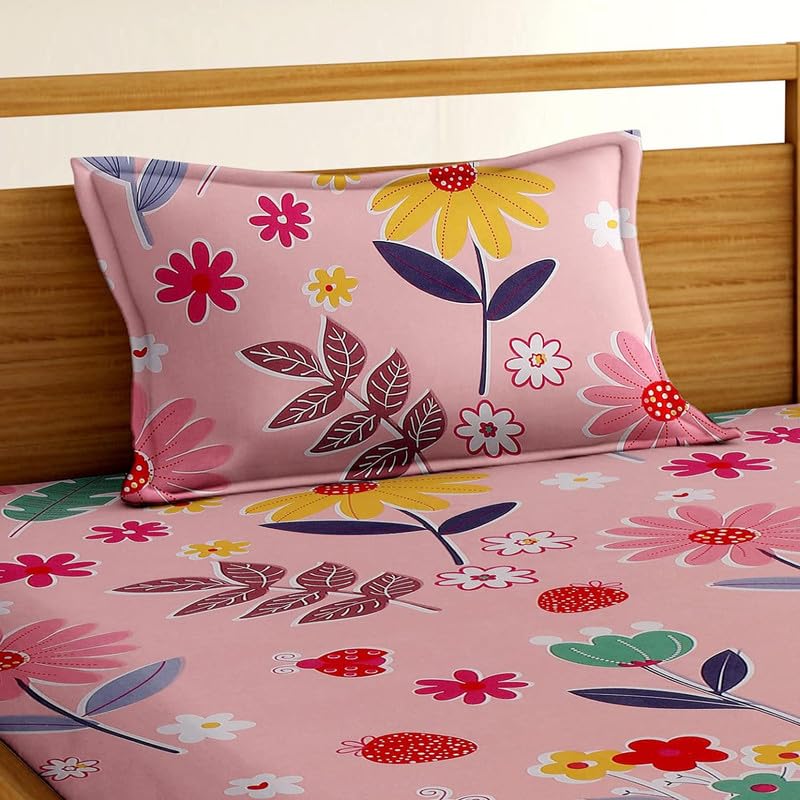 Amvy Creation Prime Collection Supersoft Glace Cotton Double Bedsheet with 2 Matching Pillow Covers (Multicolour, Size 90 x 90 Inch) - Pink with Leaves Flowers1-Gold BS