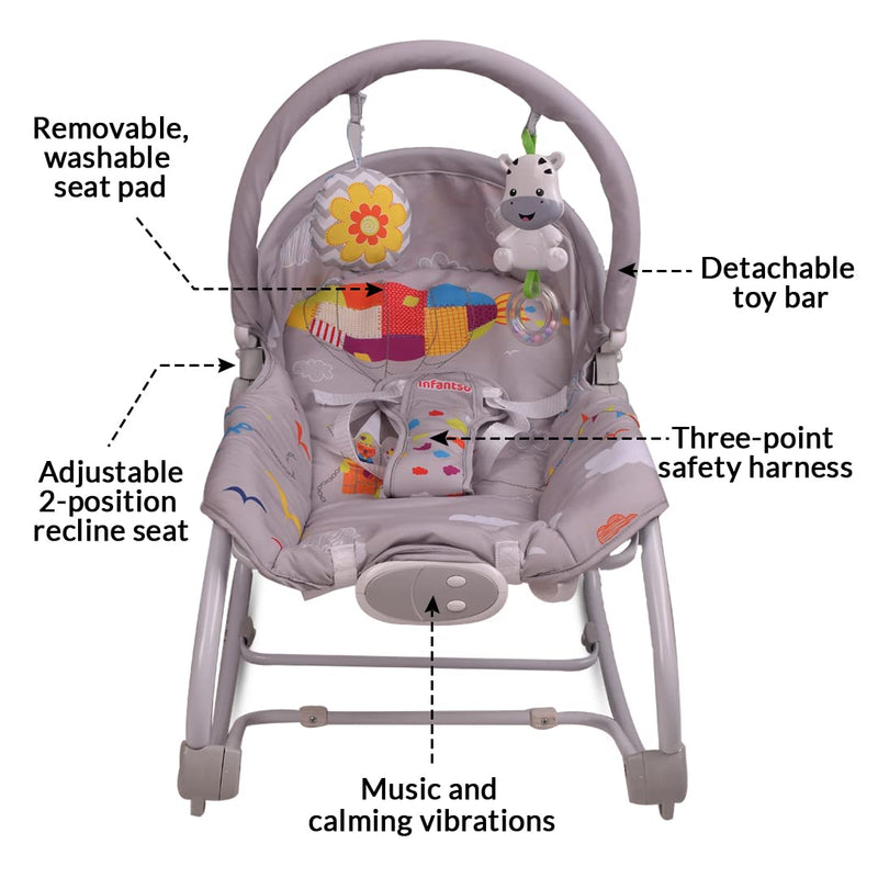 INFANTSO Baby Rocker Portable with Free Mosquito Net & Calming Vibrations & Musical Toy (03-Grey)