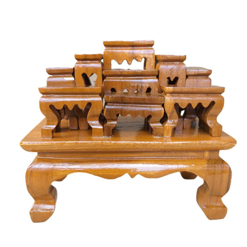 CoziNest Small Altar Thai Buddha Worship Wood Set 9 Amulet Miniature Table Teak Shelf Home Decor 6.5"