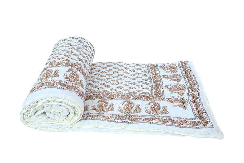 Namaste India Jaipuri Light Weight Pure Cotton Traditional Rajasthani Print White Colour Single Bed Quilt/Razai/Rajai-