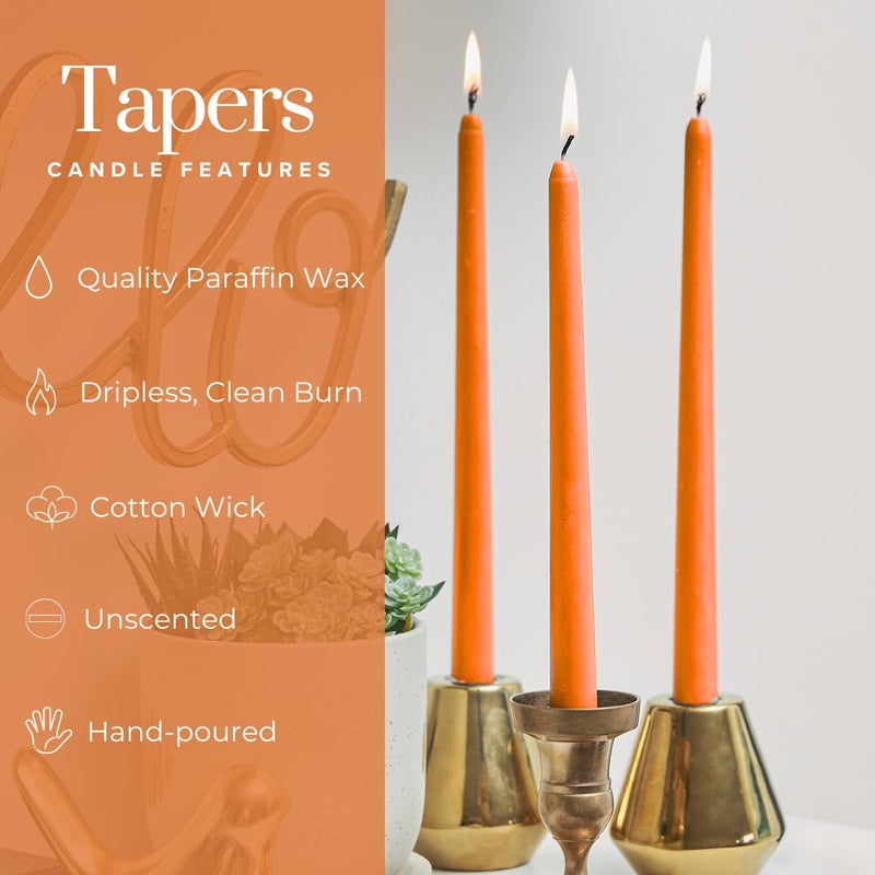 Simply Soson Orange Taper Candles 10 inch Dripless, Set of 30 Unscented Tapered Orange Candles, Smokeless Tall Candle sticks Ideal for Wedding, Spa, Restaurant, Shabbat and Dinner Long Candlesticks