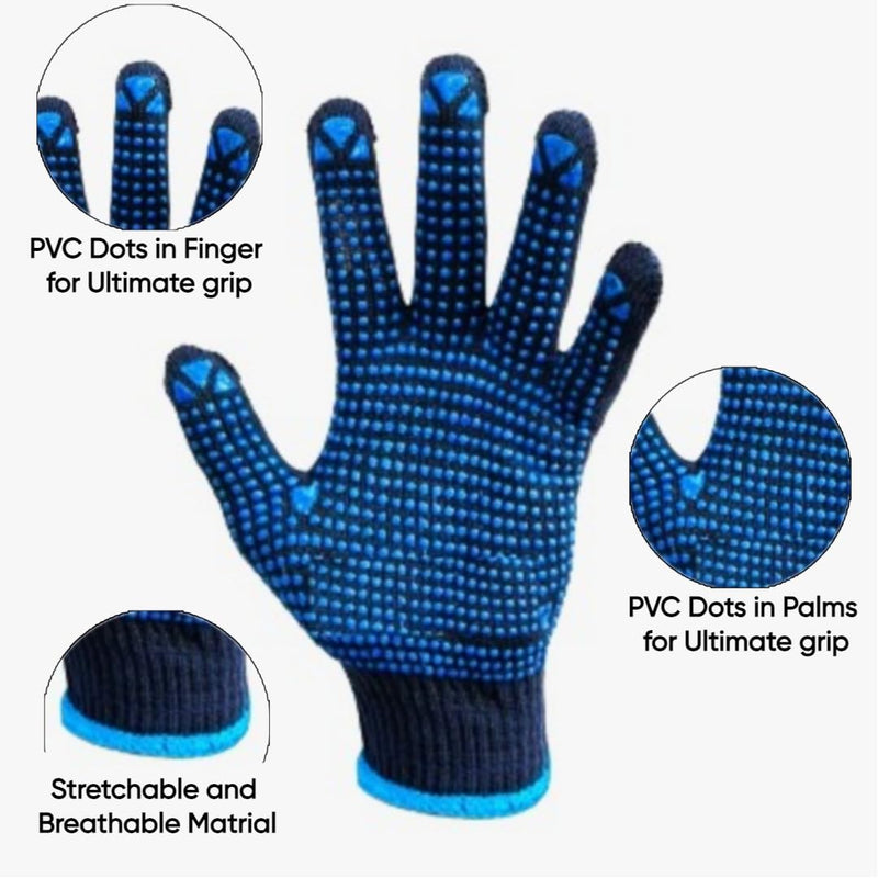 STYLERA Dotted Cotton Safety Hand Work Gloves for Better Grip Industrial Construction Gardening Assembling General Purpose Use Safety Hand Gloves (PACK OF 10 PAIR, BLUE DOTTED,)