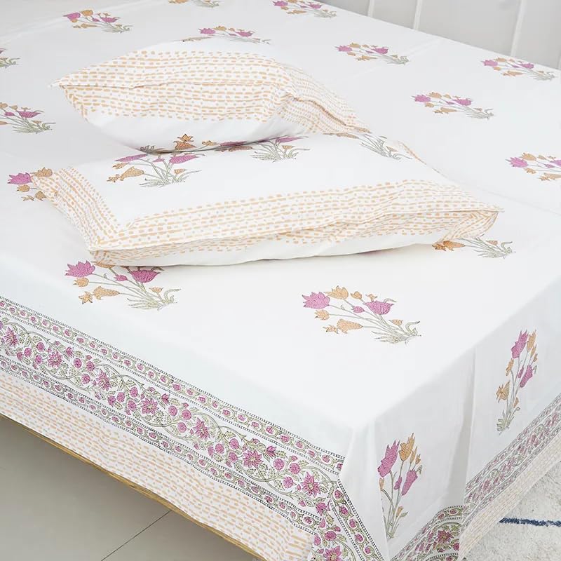 THE JAIPUR WALA Hand Block Printed Pure Cotton Bedsheet-Set White Valley King Size