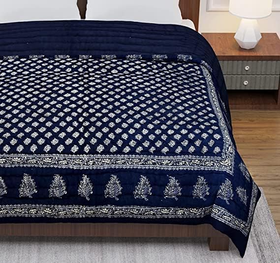 fashhub World Famous Jaipuri Light Weight Pure Cotton Traditional Rajasthani Print White Colour Double Bed Quilt/Razai/Rajai (Blue Dai Gold, Double)