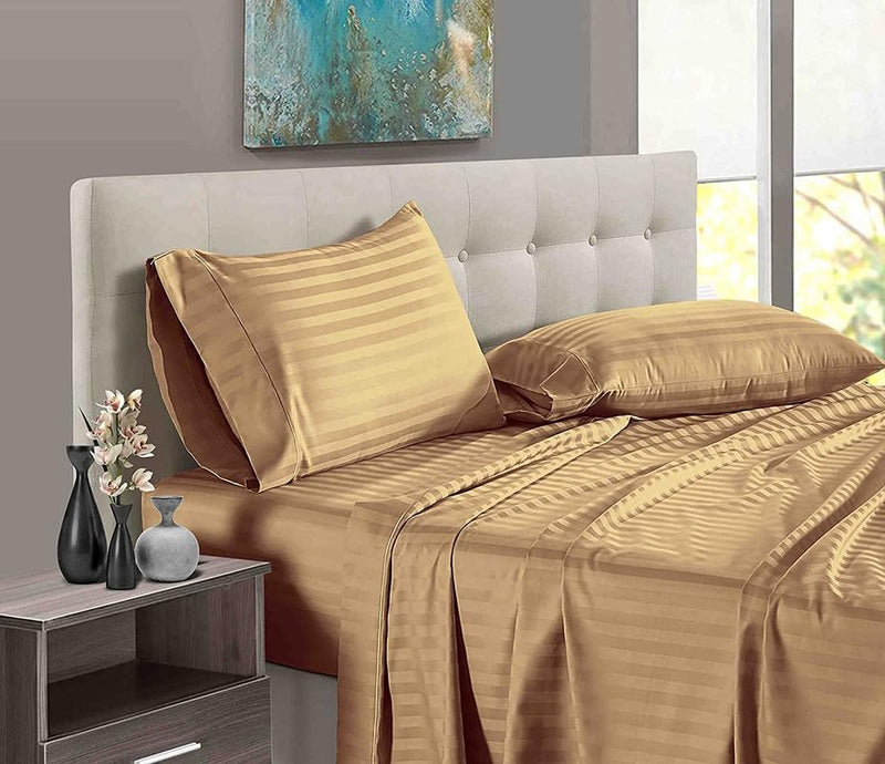 Sateen Bedding- 600 Thread Count Elastic Fitted Bedsheet with 2 Pillow Cover- 100% Cotton All Over Elastic- 12" Deep Pocket- Wrinkle Free & Fade Resistant -Taupe Stripe,King Size