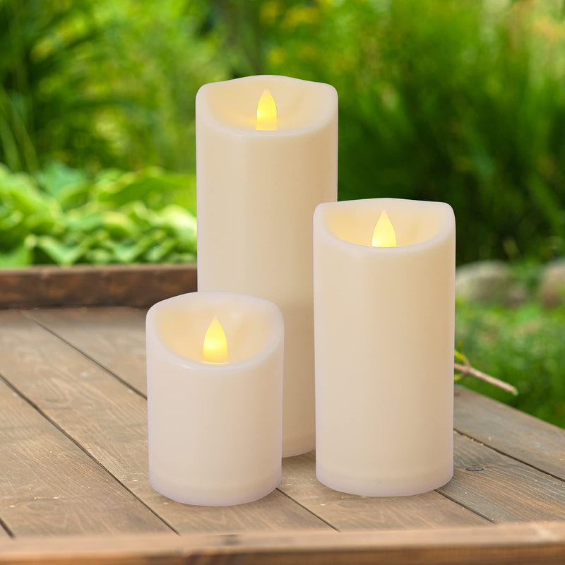 AONELAS 7LinRay Flameless Flickering Candles with Remote and Timers, 1000 Hours Waterproof Ourdoor Indoor Battery Operated LED Pillar Candles, Ivory Plastic, Set of 3(D 3" x H 4" 5" 6")