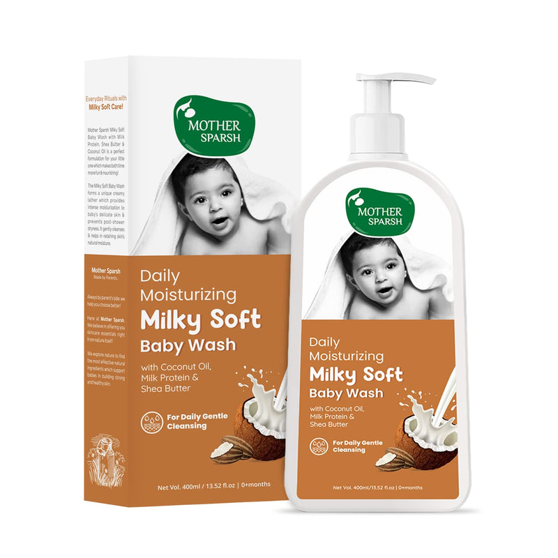 Mother Sparsh Milky Soft Baby Body Wash - 400ml | With Milk Protein & Coconut Oil | pH Balanced Natural Baby Wash | Tear Free Formula for Baby Bath