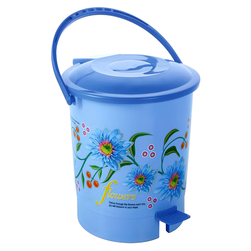 Kuber Industries Step-On Pedal Dustbin/Waste Bin with Lid|Flower Print & Durable Plastic|Size 28 x 28 x 32 CM, Capicity 10 Ltr (Blue)