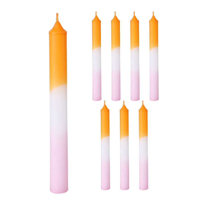 8 Piece Orange, Pale Pink, White, Gradient Taper Candles, 2 Boxed Sets of 4, Hand Dipped, Dripless, 7 Hours Burn Time, Paraffin Wax, 7.75 Inches