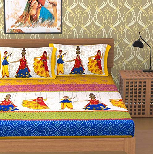 Monik Handicrafts Cotton 144 TC Bedsheet (Yellow_Standard)