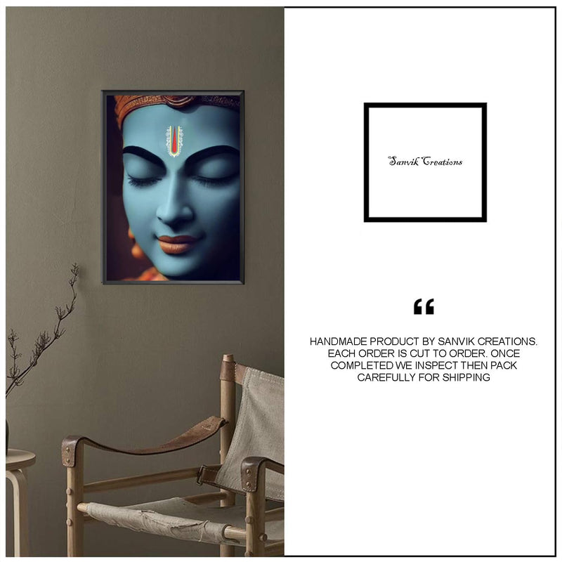 SANVIK CREATIONS Krishna Face Portrait Meditating Face Statue Religious Wall Painting Photo Frame, Synthetic Black Frame Digital Wall Art For Home & Office Décor