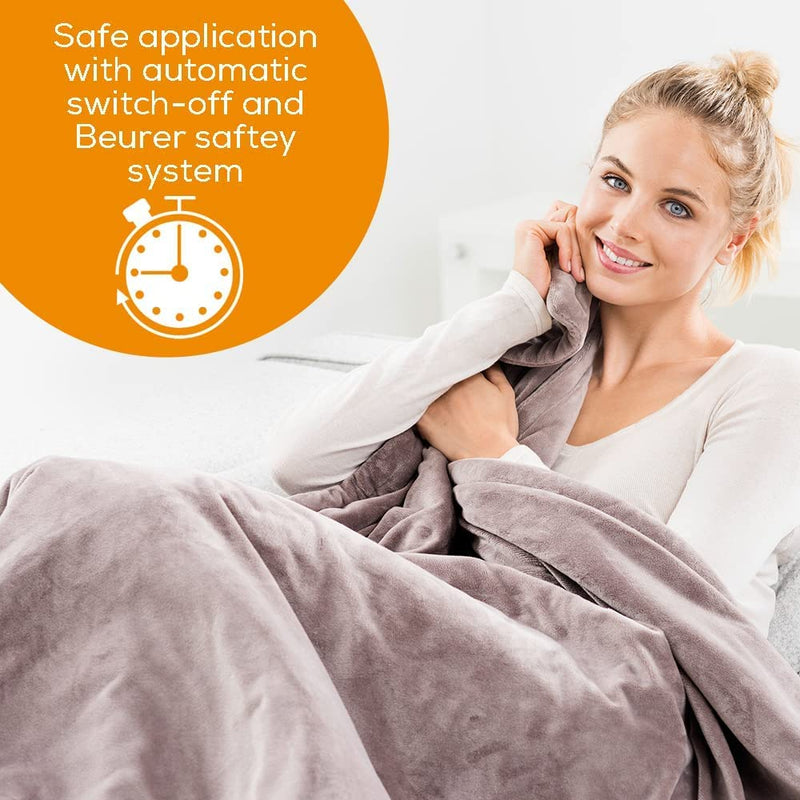 Beurer HD 75 Electric Blanket, Cuddly Heat Blanket with 6 Temperature Levels, Safety System and Automatic Shut-Off, Machine Washable, Taupe