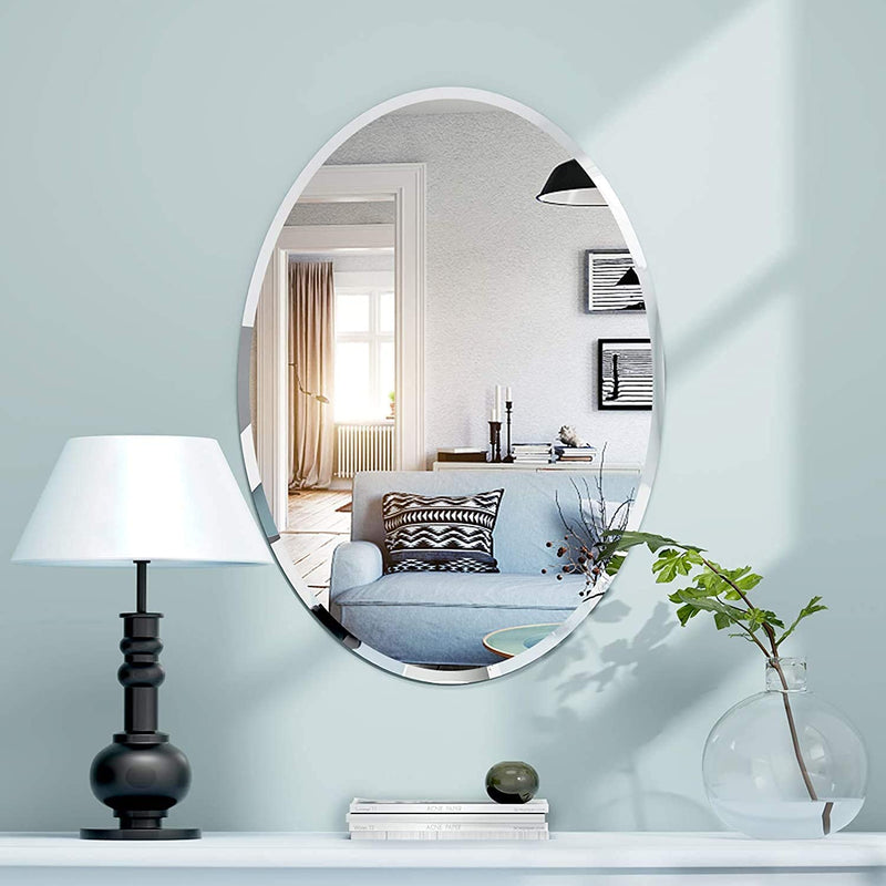 SEVEN HORSES Frameless Oval Bevelled Wall Mirror for Dressing,Bedroom,Bathroom, Living Room,Entrance and Makeup Mirror (14 inches X 20 inches, Unframed, White)