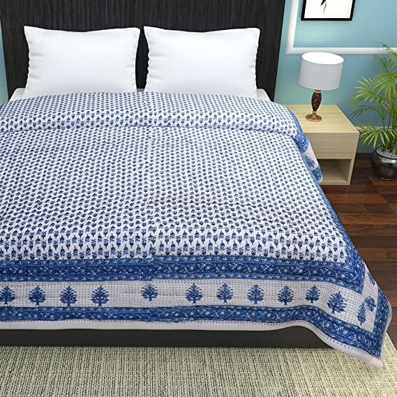 OM Enterprises Craft 240 TC Double Bed Organic Cotton Jaipuri Razai Bed Blanket Ac Quilt for Winter Soft Light Weight Rajasthani Traditional Rajai Cotton Comforter (WHAITE BUTI, Single)