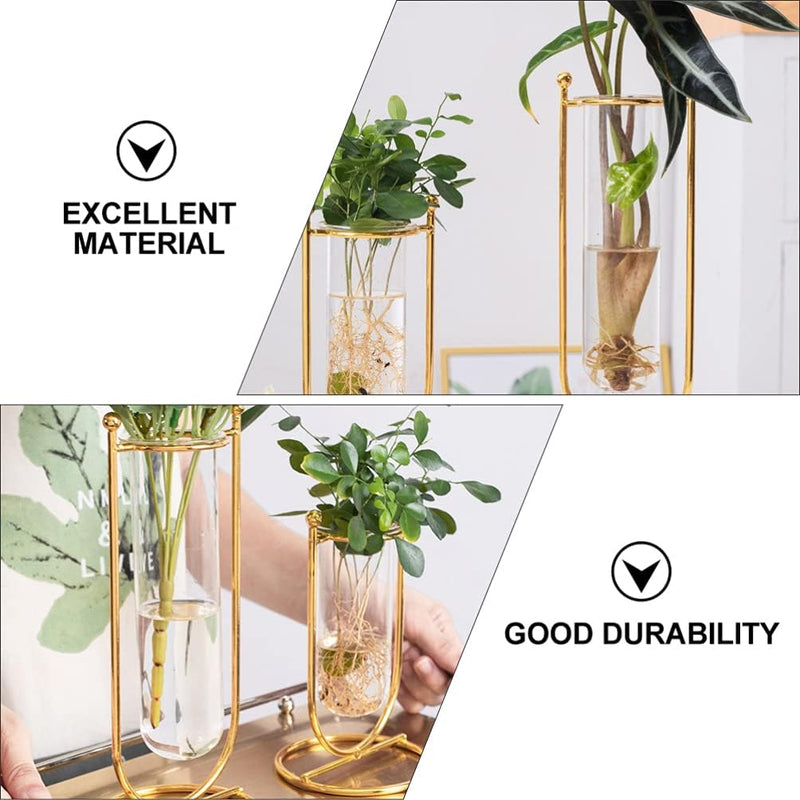 THE UNIQUE DESIGNS™ Desktop Glass Planter Hydroponics Vase Glass Propagation Station with Modern Creative Geometric Metal Frame Test Tube Vase for Home Office Decor Table Top (Set of 2)